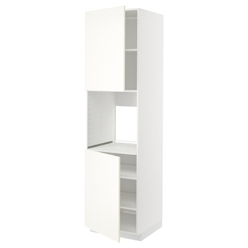 A white METOD kitchen cabinet with adjustable shelves, left hinge doors, and a ventilated shelf.