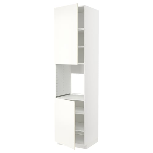 White METOD kitchen cabinet, tall and rectangular with open doors, sleek modern design.