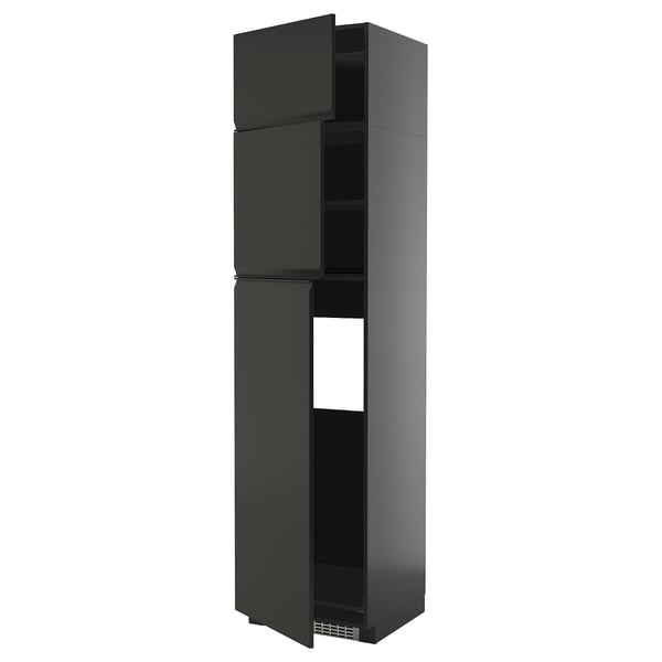 Heavy-duty black tall cabinet with handle-less doors, sleek and modern, perfect for kitchen storage.