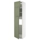 Ikea METOD kitchen cabinet, tall with green doors, three shelves, white frame.