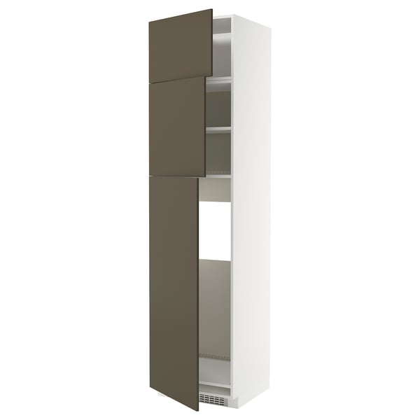 Displays a tall, modern storage cabinet in white with brown doors, featuring adjustable shelves inside.