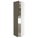 Displays a tall, modern storage cabinet in white with brown doors, featuring adjustable shelves inside.