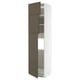 Displays a tall, modern storage cabinet in white with brown doors, featuring adjustable shelves inside.