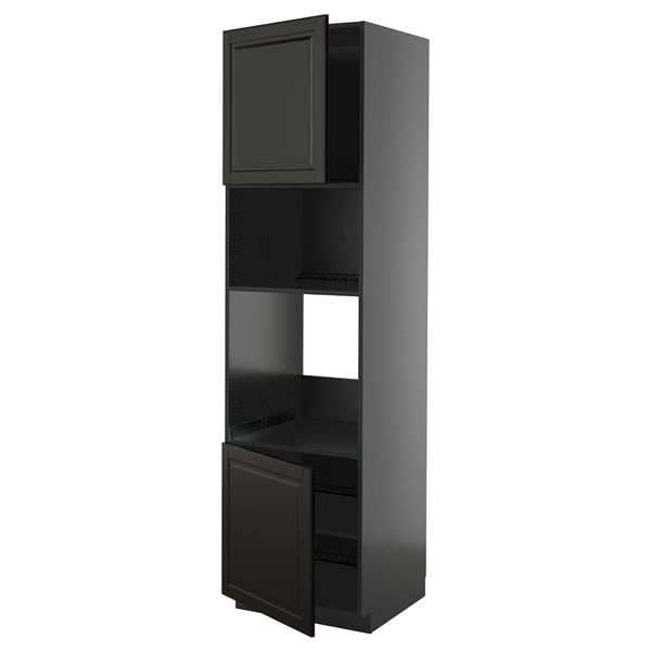 A sleek black METOD kitchen cabinet with a glossy finish, featuring an open door revealing adjustable shelves.