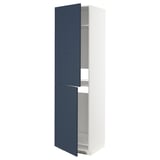 Blue and white kitchen cabinet with adjustable shelves and two doors.