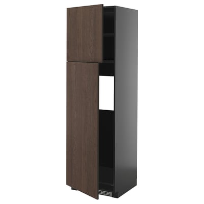 A tall, dark gray kitchen cabinet with dark brown wooden doors, featuring a simple and modern design.