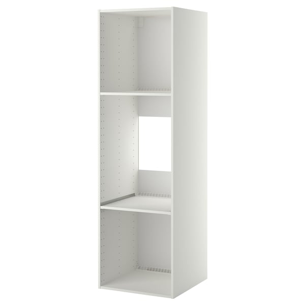 White METOD kitchen cabinet with open shelves and ventilation cutouts.