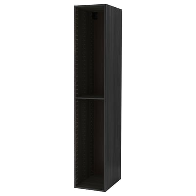 A tall black kitchen cabinet from the METOD system. Its rectangular shape a single adjustable shelf inside.