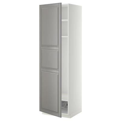 METOD kitchen cabinet, grey, tall and slim with one door open,’s white frame, adjustable shelves.