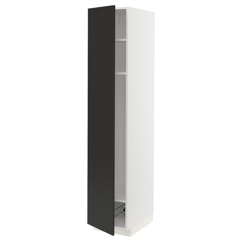 METOD white tall cabinet, black door, adjustable shelf, sleek modern design.