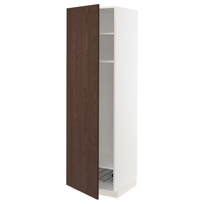 White METOD cabinet with dark brown doors, open to show shelves and basket. Modern design.