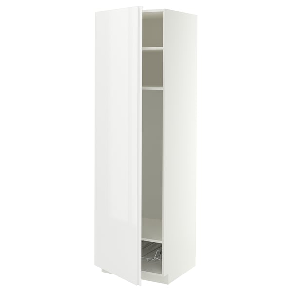 METOD High cabinet w shelves/wire basket, white/VOXTORP high-gloss white vertical handle, 60x60x200 cm