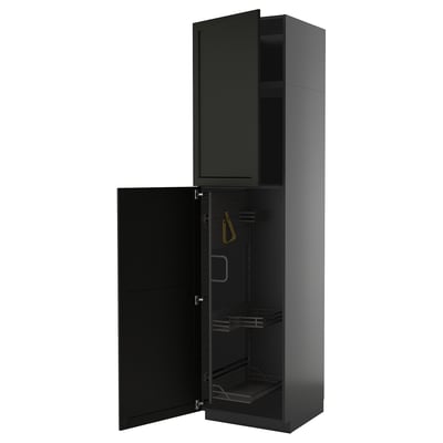 Black METOD kitchen cabinet with beveled doors, steel hinges, interior shelves, and pull-out organizers.