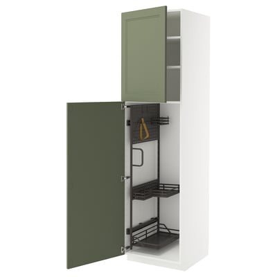 METOD kitchen cabinet in olive green with pull-out organizers, white frame, snap-on hinges, and 25-year guarantee.
