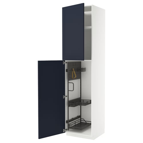 METOD kitchen unit with blue axstad doors, white frame, metal pull-out shelves.