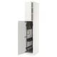 White high cabinet, open door revealing organized cleaning supplies.