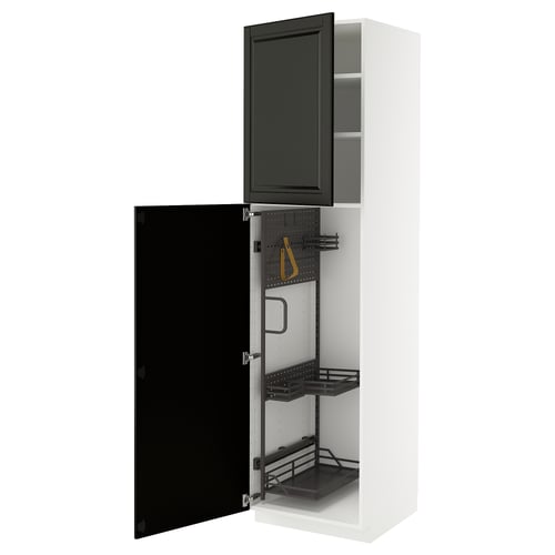 A modern white METOD kitchen cabinet with black bodbyn doors open, revealing inner shelves and organisers in black and yellow.