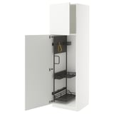 White METOD kitchen cabinet, open with shelves and hanging strap.