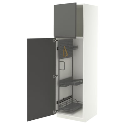 METOD High cabinet with cleaning interior, white/VOXTORP dark grey vertical handle, 60x60x200 cm