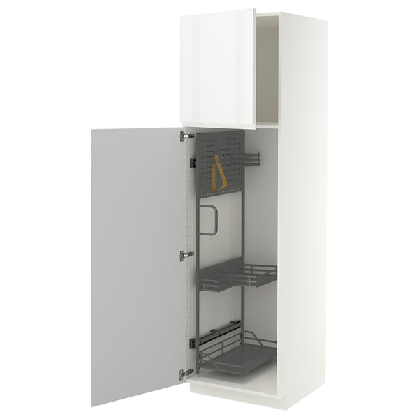 METOD High cabinet with cleaning interior, white/VOXTORP high-gloss white vertical handle, 60x60x200 cm