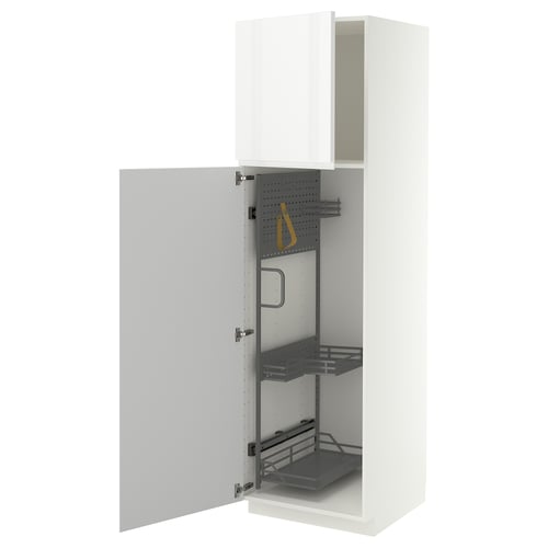 METOD High cabinet with cleaning interior, white/VOXTORP high-gloss white vertical handle, 60x60x200 cm