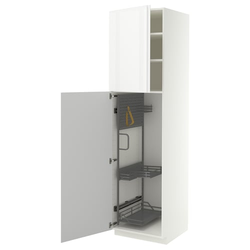 METOD High cabinet with cleaning interior, white/VOXTORP high-gloss white vertical handle, 60x60x220 cm