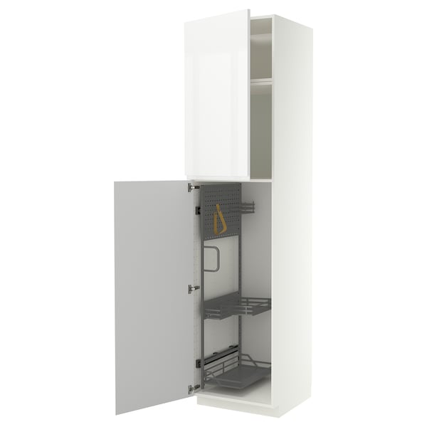 METOD High cabinet with cleaning interior, white/VOXTORP high-gloss white vertical handle, 60x60x240 cm