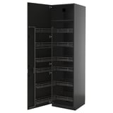 Open black kitchen cabinet with multiple shelves. Space-saving design by ikea.