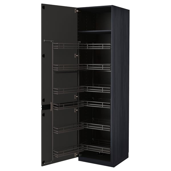 Modern black METOD kitchen cabinet with pull-out shelves.