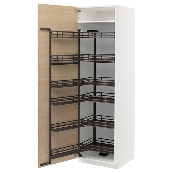 White METOD kitchen cabinet with pull-out shelves. Natural wood textures, black metal racks, modern design.