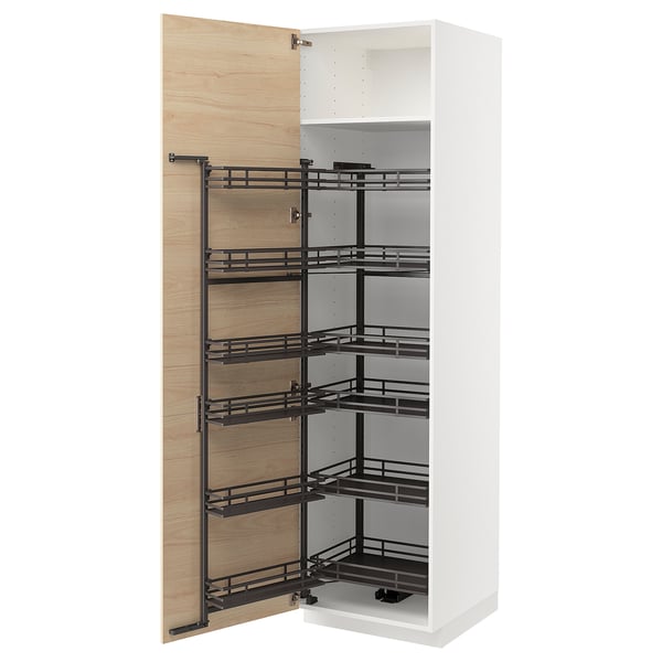 A white METOD kitchen cabinet with black pull-out shelves in a light wood-patterned interior.