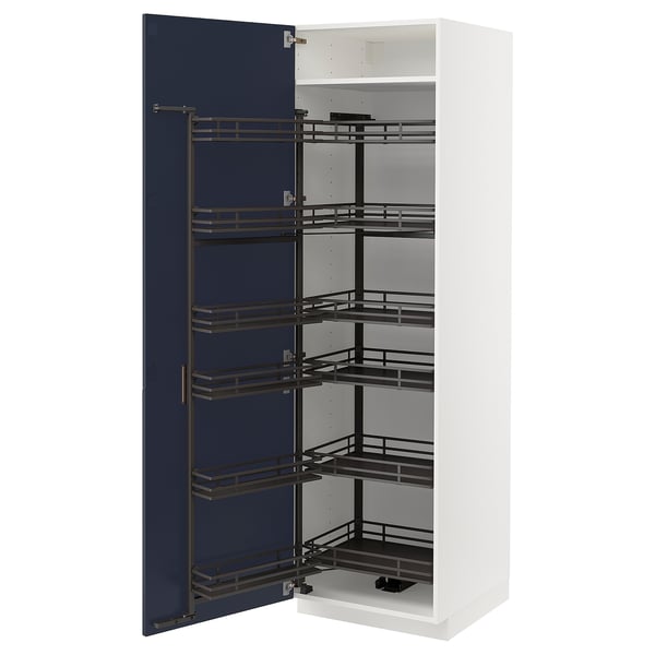 Shows white METOD kitchen cabinet with blue pull-out shelves, styled modern.