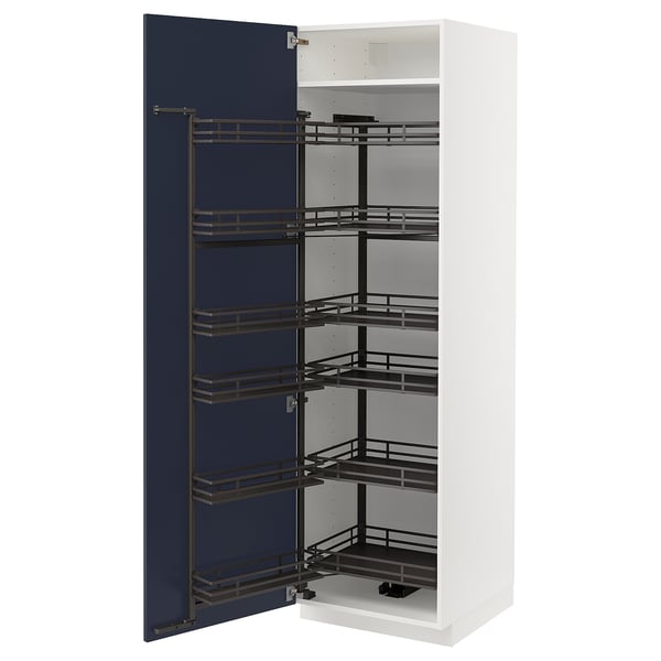 A white METOD kitchen cabinet with a blue door and multiple pull-out shelves.