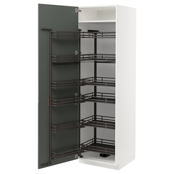 White cabinet with grey-green door, five pull-out shelves.