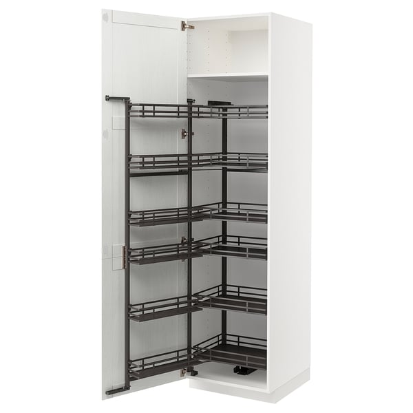 A white METOD kitchen cabinet with pull-out shelves. It multiple black metal racks for organizing items.