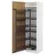 A tall white kitchen cabinet with oak doors and black pull-out shelves. Its part of the METOD system featuring organized storage.