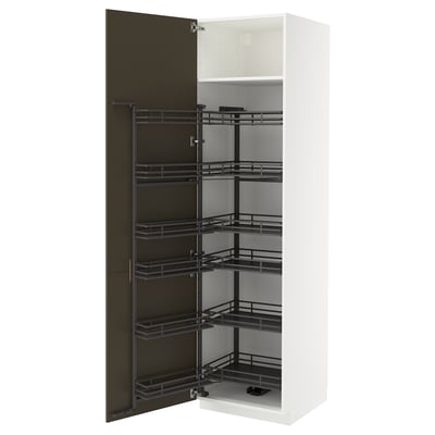 White METOD cabinet. Dark brown pull-out shelves. Vertical design. Modern kitchen storage.