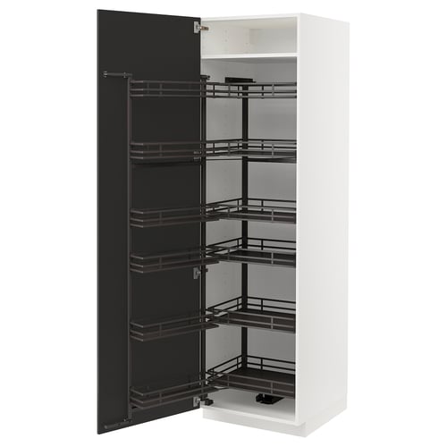 A METOD kitchen cabinet in white with black pull-out shelves, featuring multiple compartments for storage.