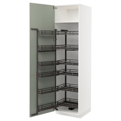 White METOD kitchen cabinet with green door and multiple pull-out shelves.