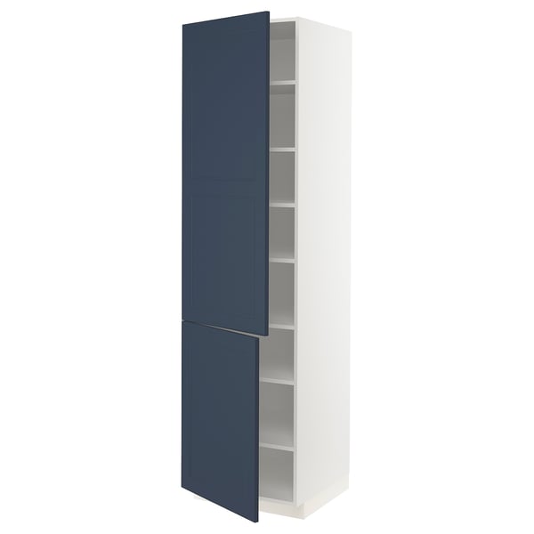 Tall white kitchen cabinet with blue doors, adjustable shelves, and modern design.