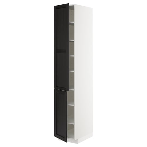 METOD tall kitchen cabinet, black lerhyttan doors, grey-stained wood, adjustable shelves.