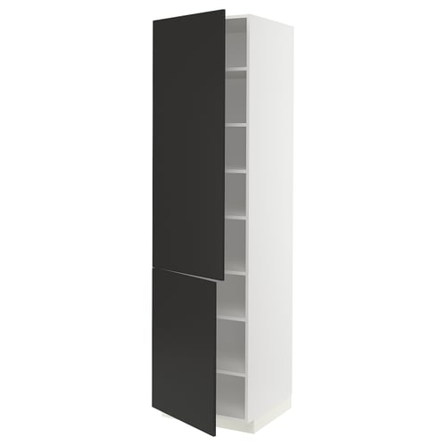 Black and white METOD kitchen cabinet with adjustable shelf, l-shape design.