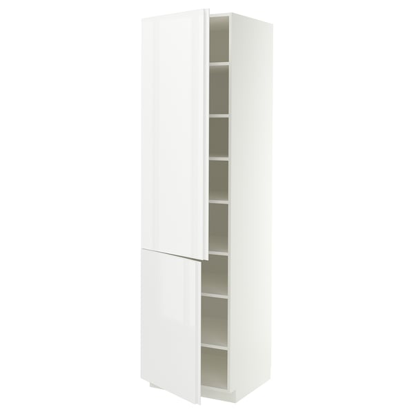 METOD High cabinet with shelves/2 doors, white/VOXTORP high-gloss white vertical handle, 60x60x220 cm
