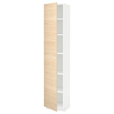 A tall, white cabinet with a light wooden door, featuring shelves inside.