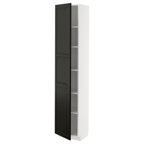A METOD kitchen cabinet with black beveled bodbyn doors and white bodies, standing tall and narrow, ideal for organizing kitchen essentials.