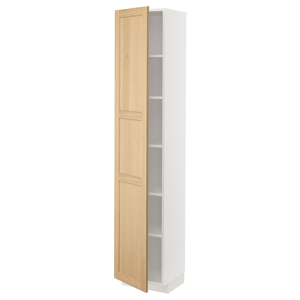 White kitchen cabinet with light wood door, vertical design.