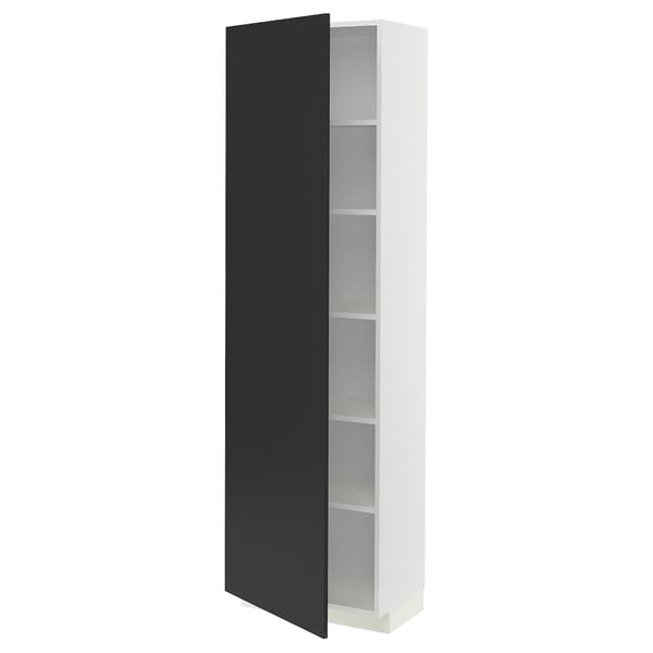 Displays a white METOD kitchen cabinet with a black door, featuring adjustable shelves inside.