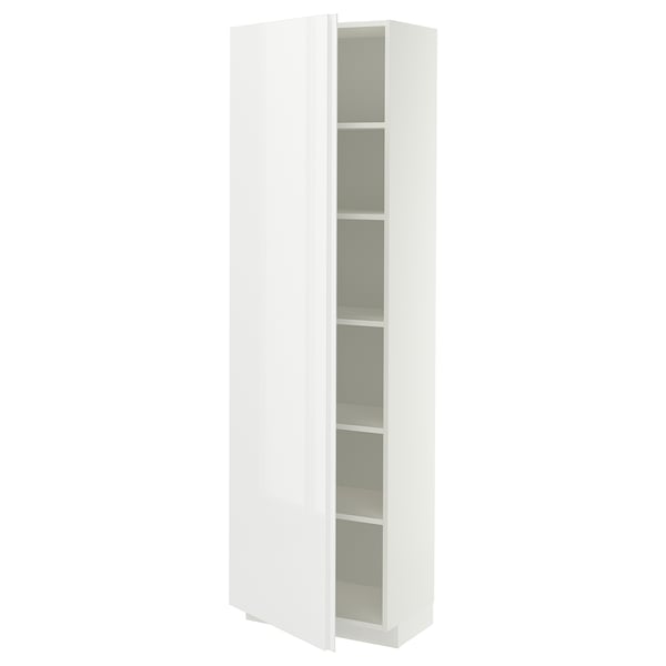METOD High cabinet with shelves, white/VOXTORP high-gloss white vertical handle, 60x37x200 cm