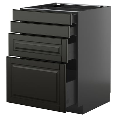 Black METOD kitchen unit with beveled drawers, sleek modern design.