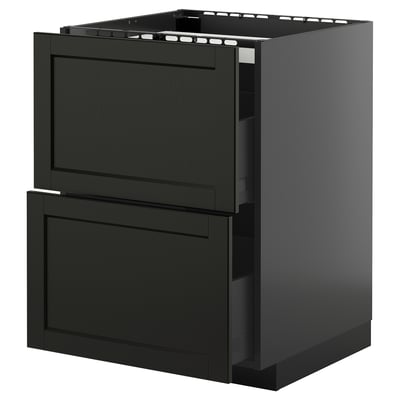 Black kitchen cabinet with drawers, modern design, sturdy wood, sleek finish, ideal storage.